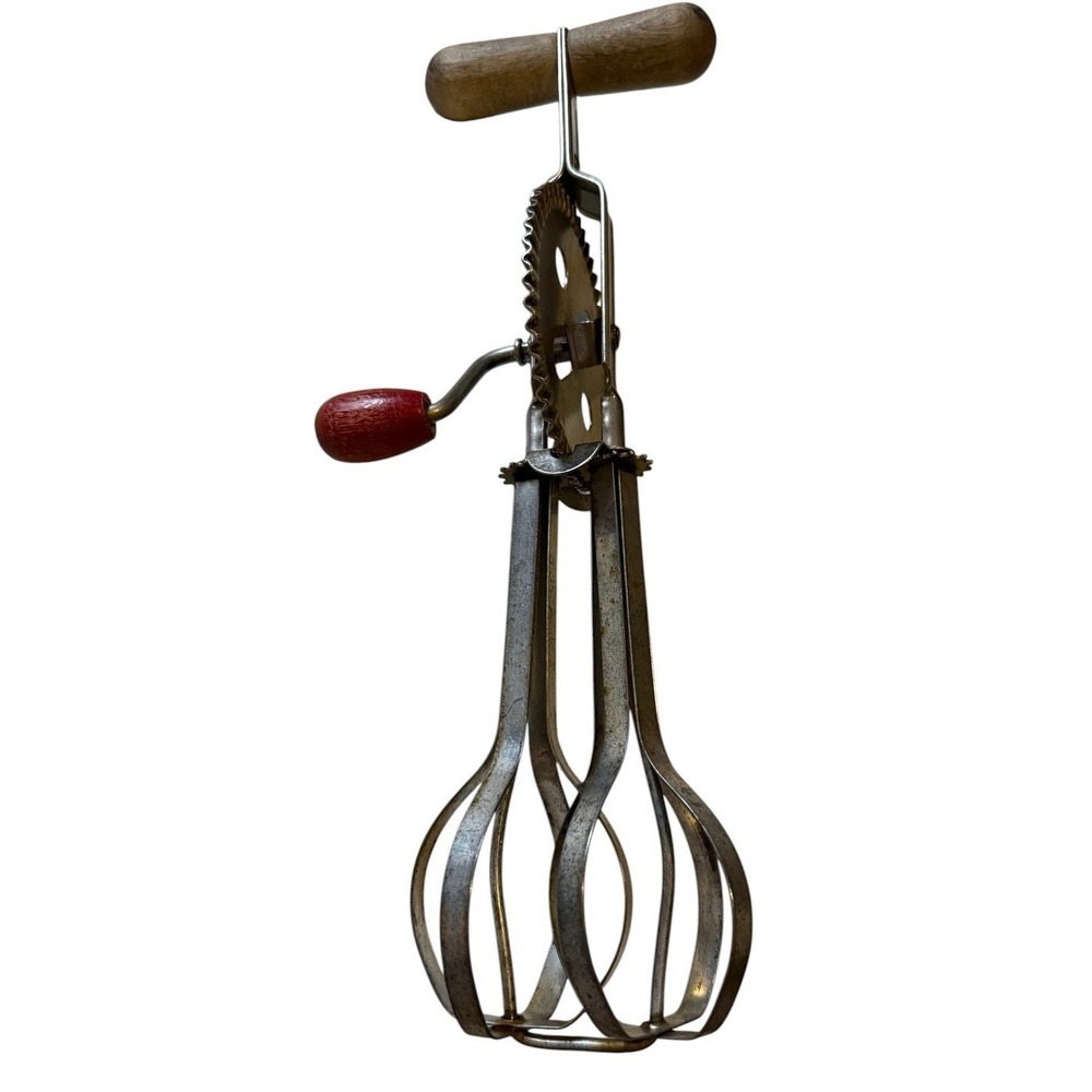 Vintage RED A&J High Speed Super Center Drive Egg Beater Hand Crank Whip Mixer
